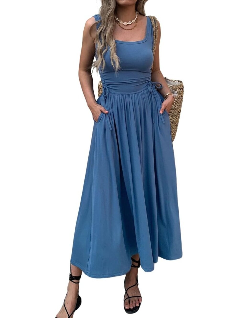 〽️Blue Boho Summer Maxi Dress for Women Sleeveless A Line Tie Waist Pockets